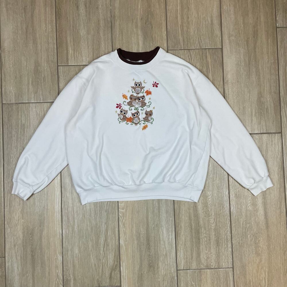 Vintage Owl Sweatshirt Womens XL Embroidered Rhinestone Graphic Crewneck